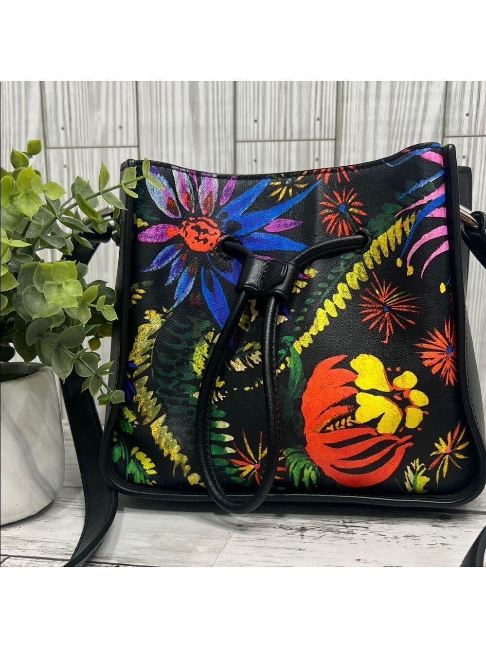 3.1 Phillip Lim Black Leather Floral Print Tote Shoulder Bag Designer Handbag